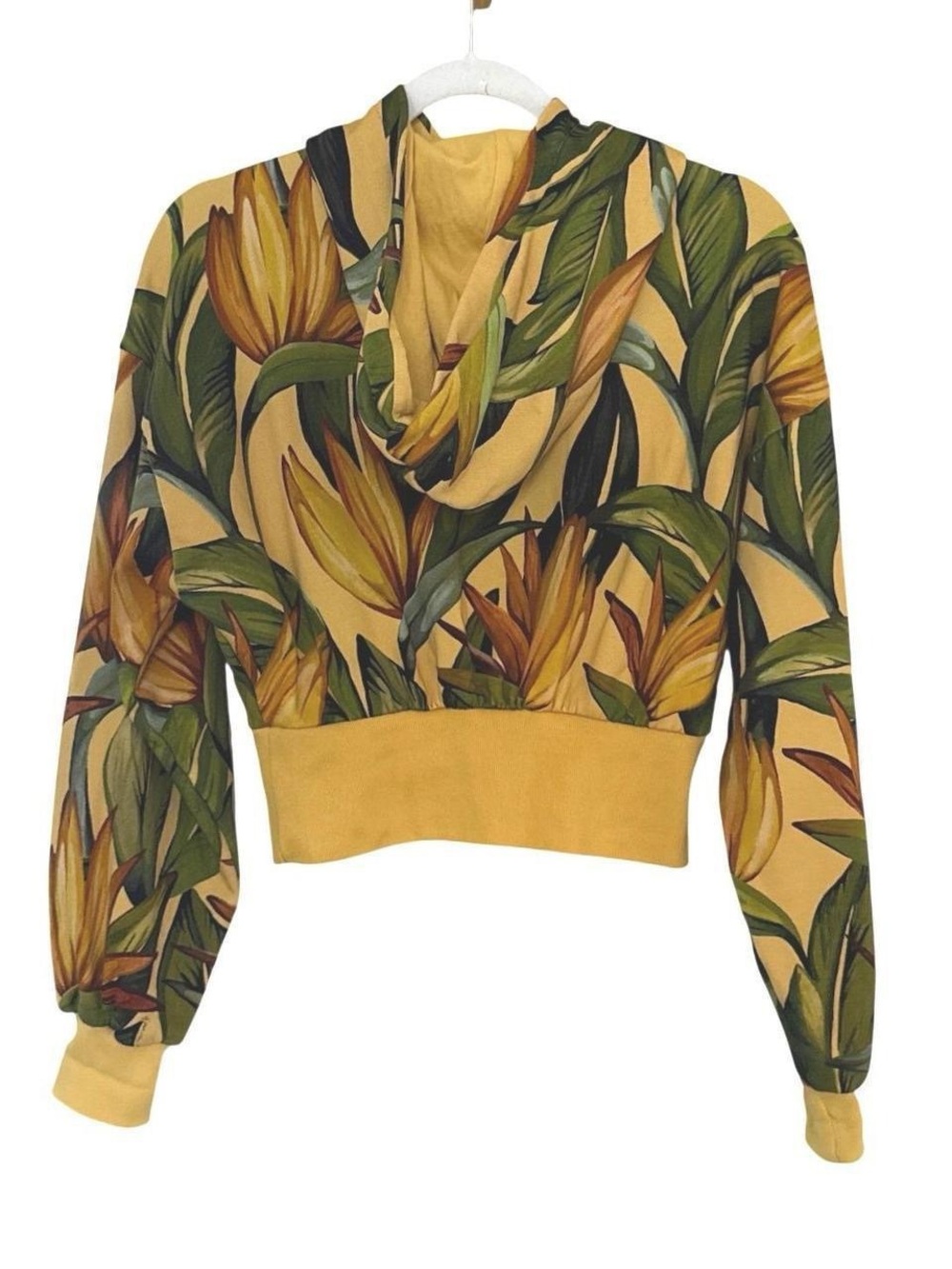 FARM Rio Yellow Tropical Cropped Hoodie with Green Leaf Print